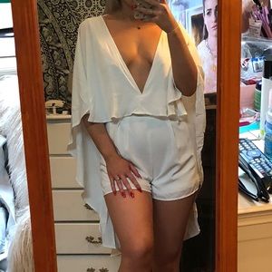 White plunge cape romper